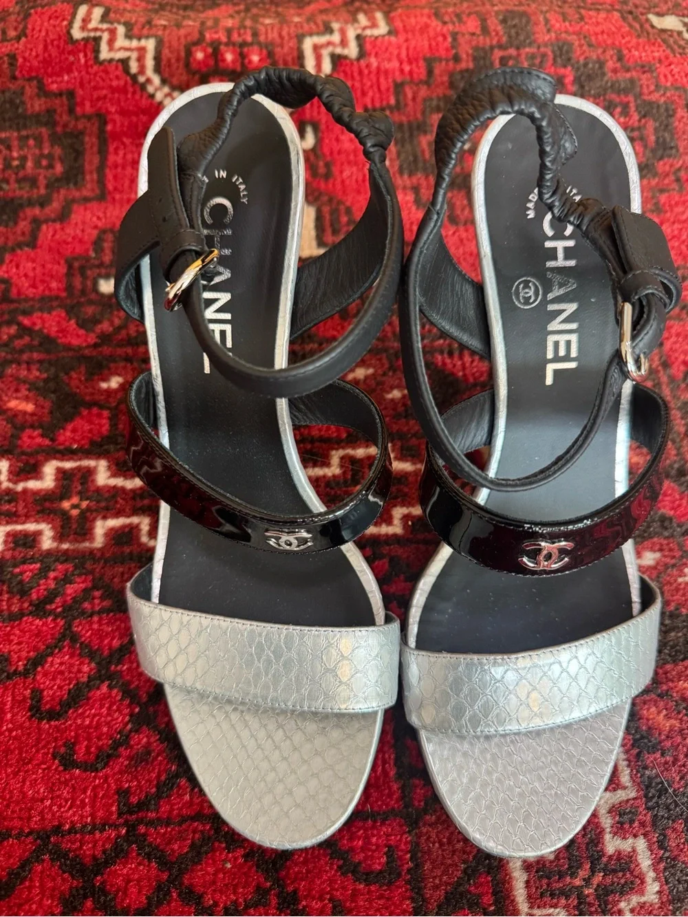 Chanel Silver Black Logo Heels 39